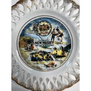 New Mexico Vintage Filagree State Plate Porcelain Gold Trim 6" Diameter
